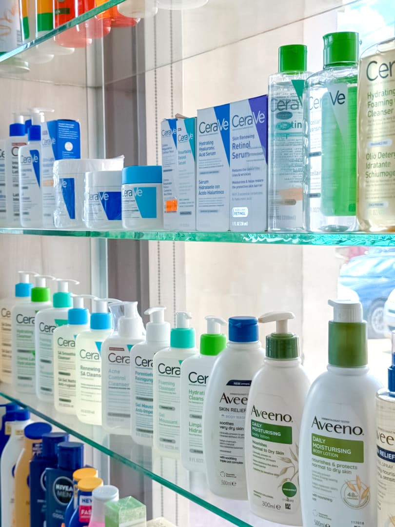 CeraVe and Aveeno skincare shelves