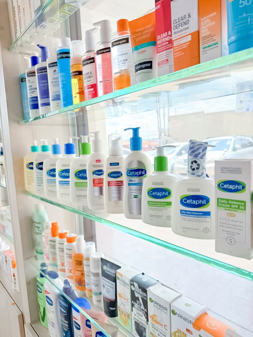 Cetaphil and Neutrogena skincare shelf