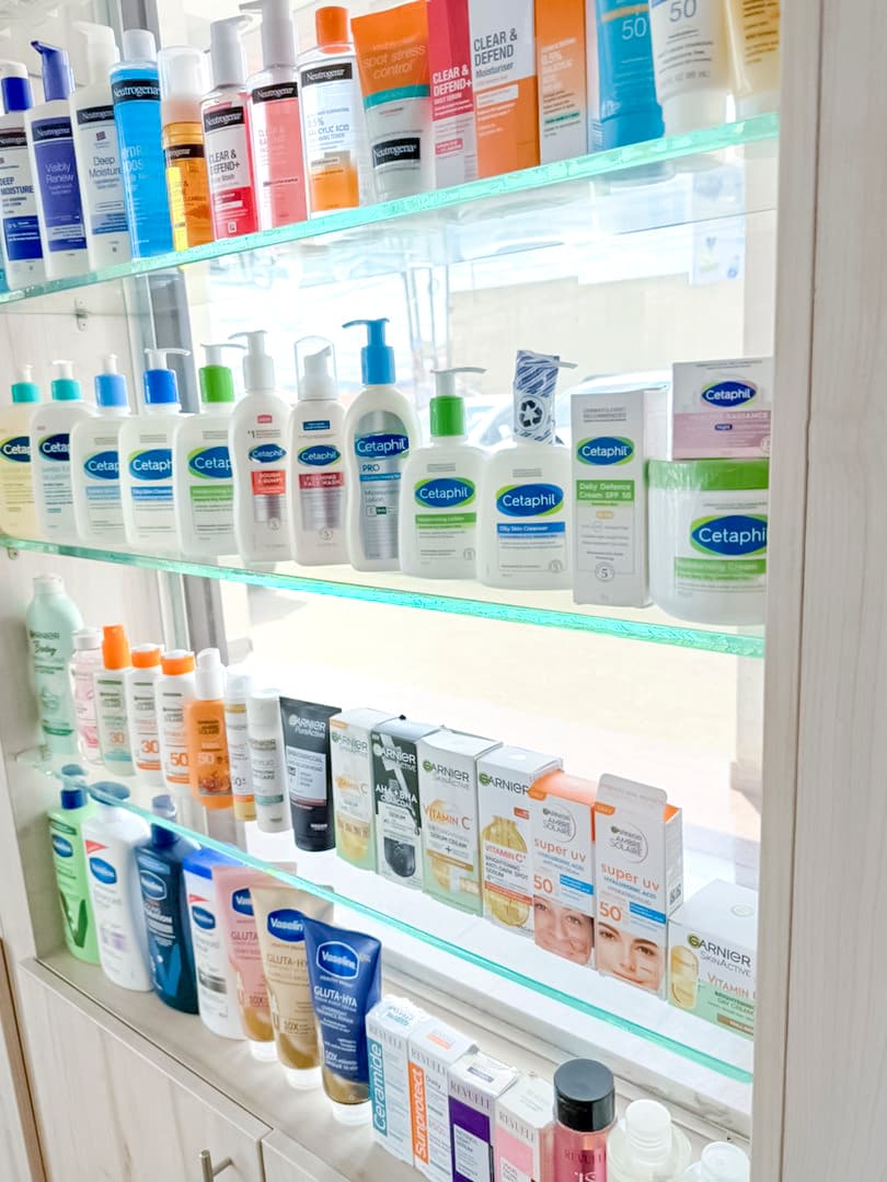 Full skincare display — Cetaphil, Garnier, sunscreen