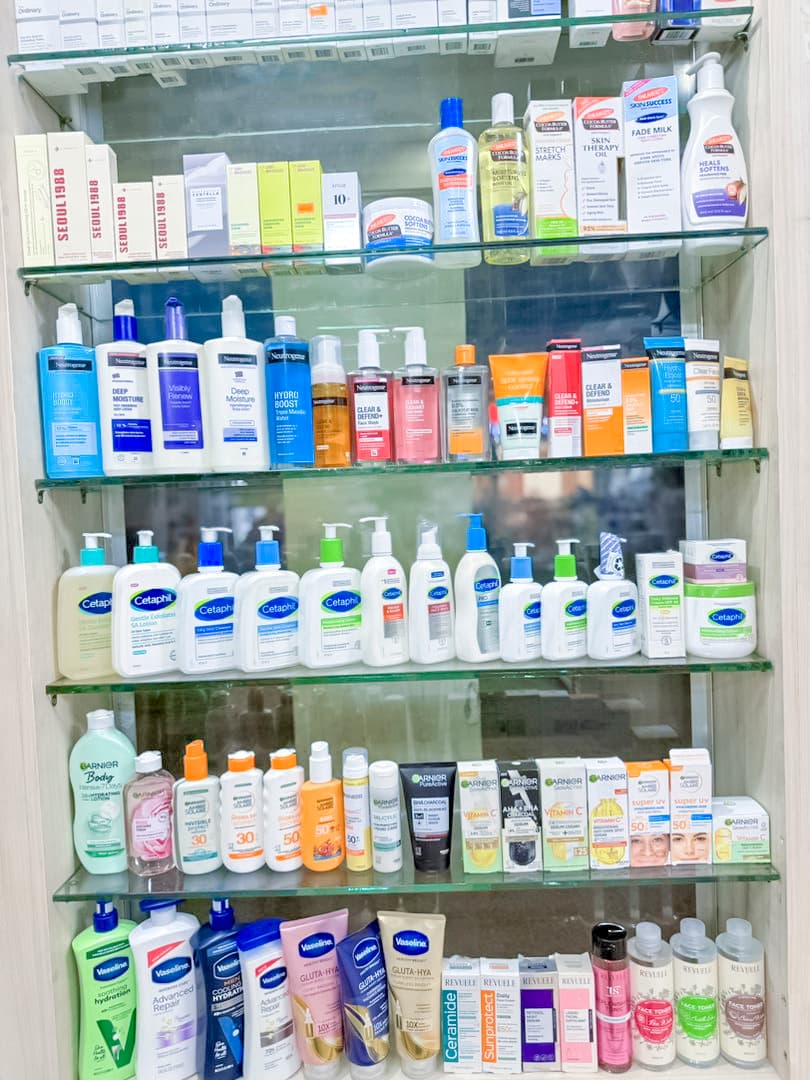 Fully stocked skincare shelves