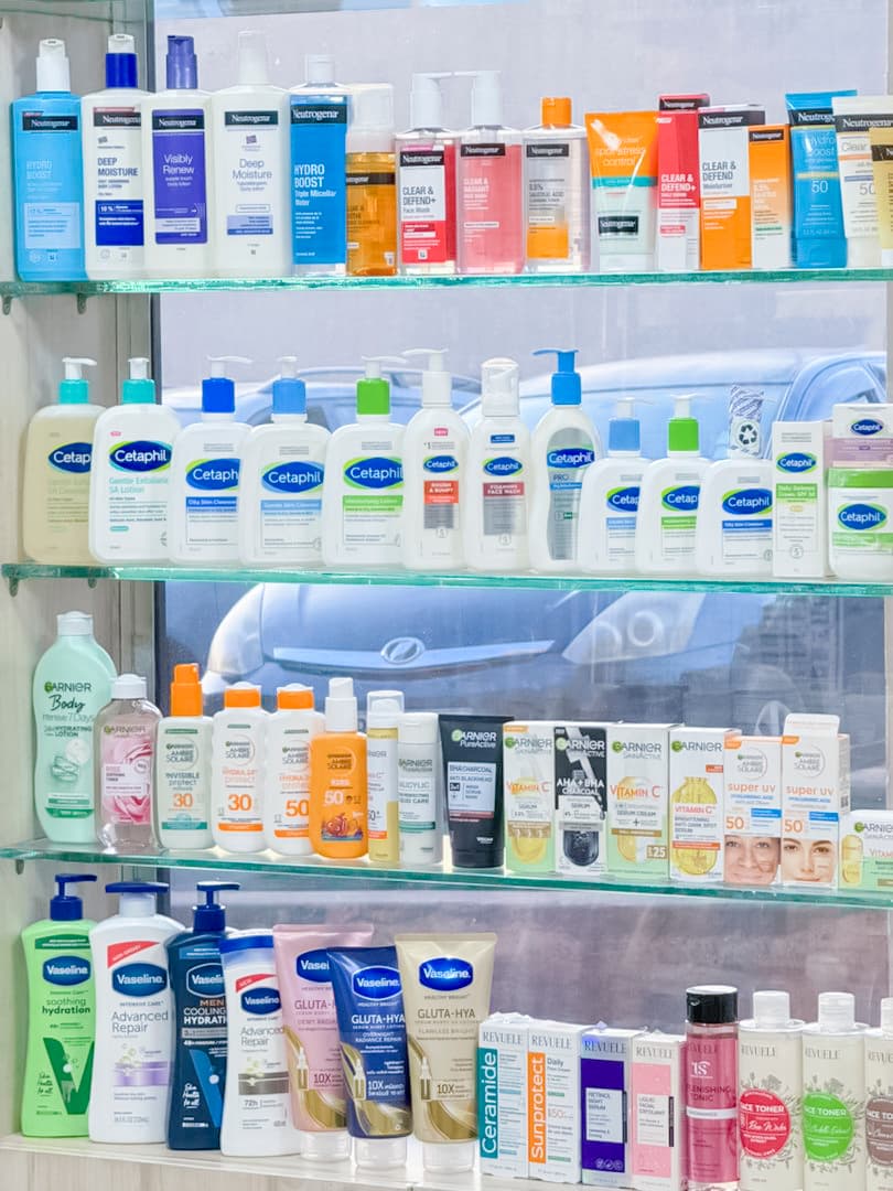Skincare shelves — wide view